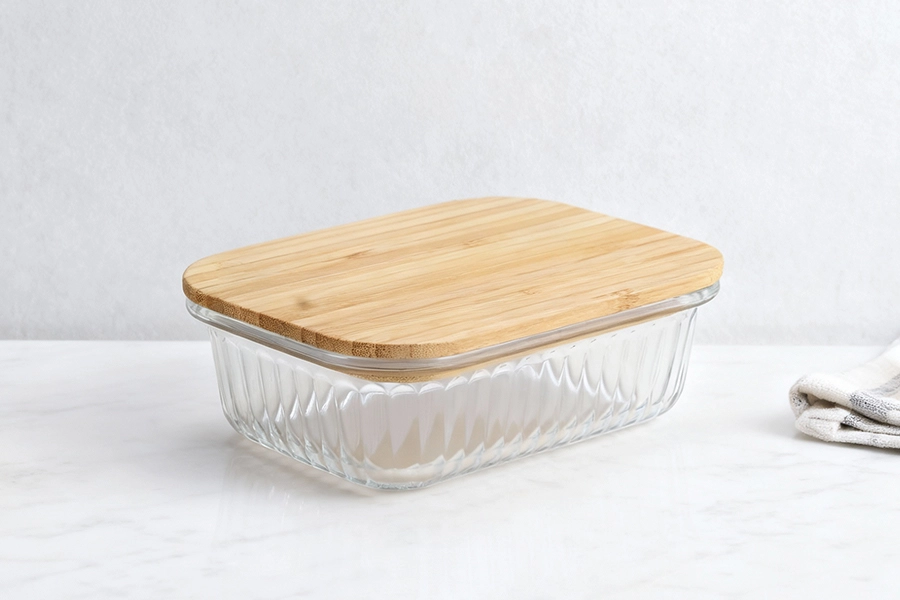 Ribbed Glass Container with Eco-bamboo Lid