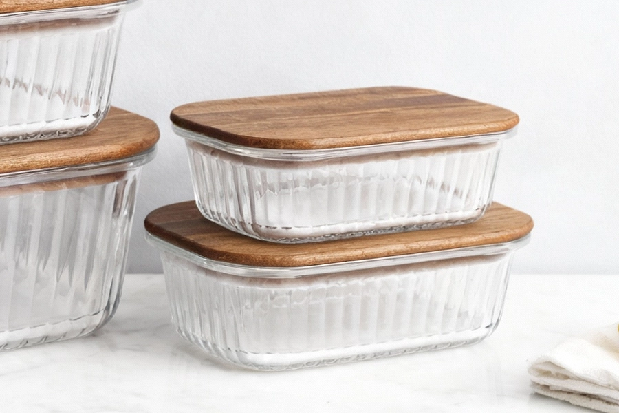 Ribbed Glass Container with Acacia Wood Lid