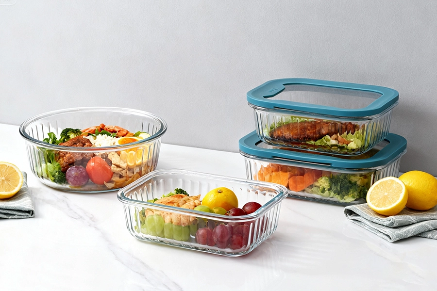 Ribbed Glass Food Container with Glass Lid - Silicone Seal