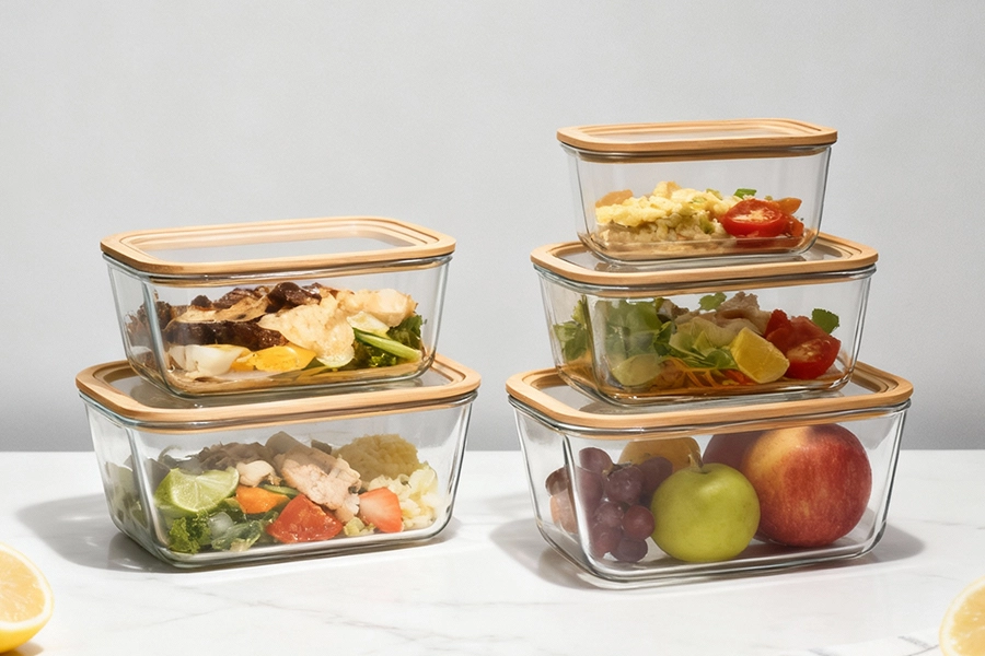 Glass Food Container with Glass Lid - Bamboo Rim